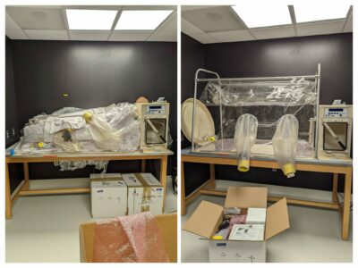 photo of the before and after of items from the lab relocation of Dr. Jack Szostak from Mass General Hospital/Harvard Medical School to the University of Chicago.